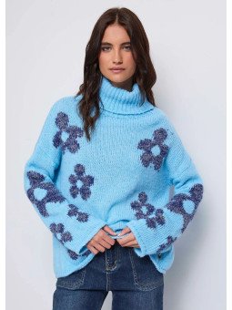 Jersey de cuello alto de lana con flor